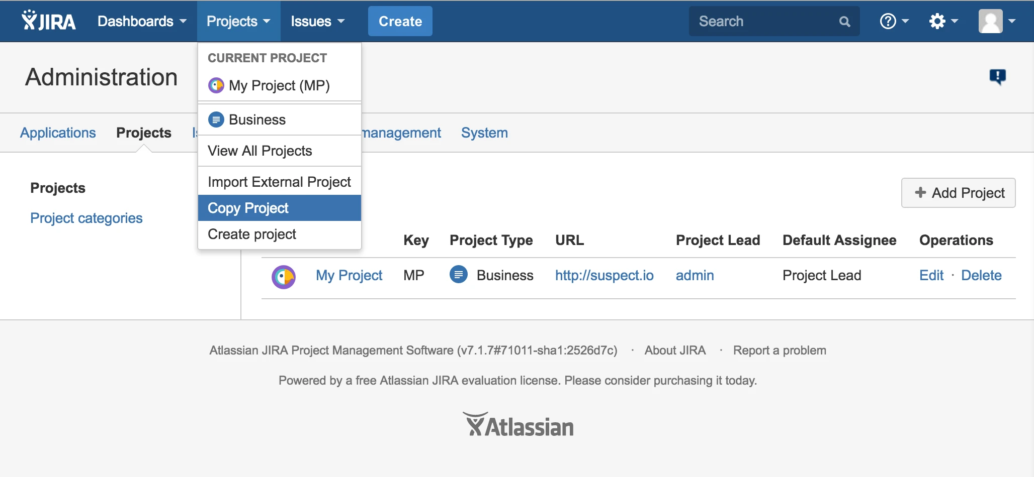 Jira Copy Project Plugin Menu Option